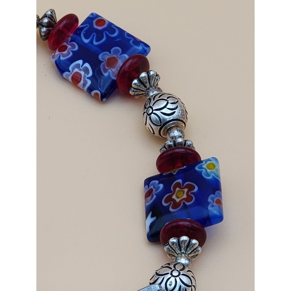 925 Sterling Silver & Blue Murano Cane‎ Glass Floral Bead Bracelet & Earring Set